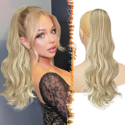 Image de Postiche de queue de cheval ondulée, 50 cm, couleur blonde cendré clair, matière synthétique