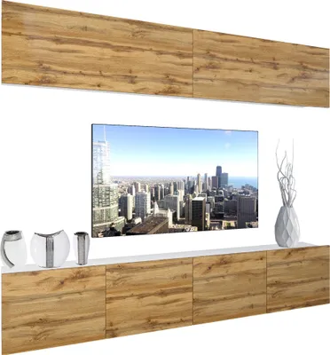 Produktbild von BELINI Wohnwand Vollausstattung Wohnzimmer-Set Moderne Schrankwand mit LED-Beleuchtung Weiß Glänzend Anbauwand TV-Schrank Wotan-Eiche Matt
