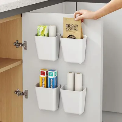 Image de Boîte de rangement 4 compartiments pour les portes des placards de cuisine, boîte de rangement murale autocollante, petite boîte de rangement pour armoire, salle de bains ou réfrigérateur