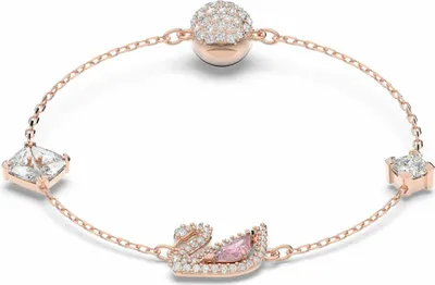 A rose gold bracelet with a swan charm and cubic zirconia stones on a white background.