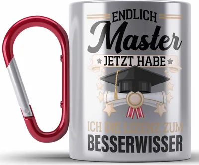 Produktbild von Trendation - Master Abschluss Geschenk Edelstahl Tasse Karabiner Bestanden Studium Prüfung Graduation - Lizenz zum Besserwissser (Rot)