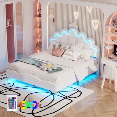 Obrázek produktu pro Flieks čalouněná postel 140x200cm s roštovým rámem, dětská postel s čelem ve tvaru koruny, postel pro mladé manželská postel s led, postel pro princezny dřevěná postel, PU
