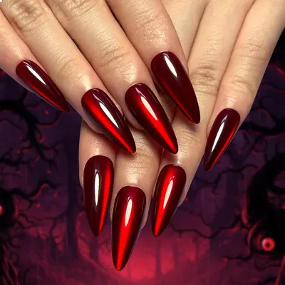 Zdjęcie produktu dla 30 Fake Nails Długie Migdałowe Czerwone Kocie Oko Brokatowe Paznokcie Pełne Pokrycie