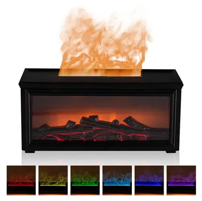 A black electric fireplace with a simulated flame effect and multiple LED light options shown at the bottom.