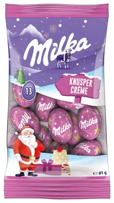 Zdjęcie produktu dla Milka, świąteczne czekoladowe kulki "Knusper Creme", opakowanie 81g