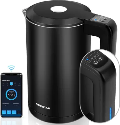 Produktbild von Smart Wasserkocher 1,7L Edelstahl mit Temperatureinstellung 40°C-100°C, WiFi Steuerung, Alexa-kompatibel, Leise, Kabellos, Warmhaltefunktion, Schwarz