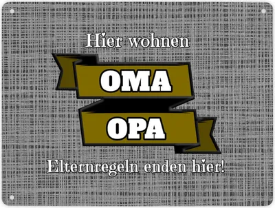 Produktbild von Metallschild XL in 21x28 cm Hier wohnen Oma & Opa mit Stoffoptik in silber und