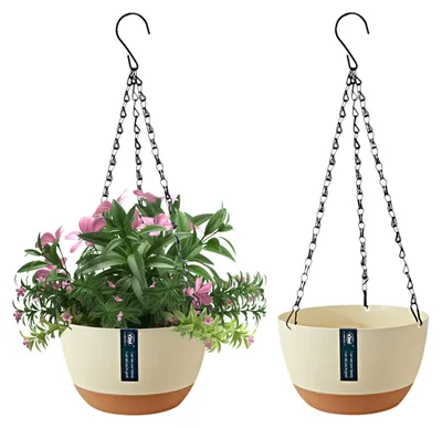 Image de Pots de fleurs suspendus, lot de 2, pots suspendus pour l'intérieur et l'extérieur, avec trous de drainage et soucoupe amovible, pour le pavillon de jardin, Ø 21 cm