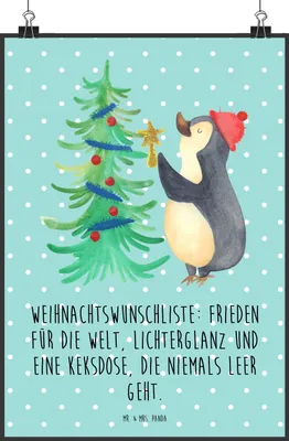 Produktbild von Mr. & Mrs. Panda Bild Pinguin Weihnachtsbaum DIN A2 - Türkis Pastell - Geschenk, drucke, Deko, Weihnachten, Plakat, wanddeko, Winter, kunstdruck poster