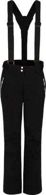 A pair of black ski pants with suspenders.