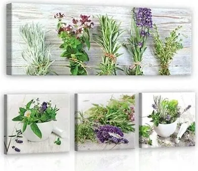 Produktbild von Leinwandbild Küche Gewürz Kräuter 4-Teilig SET XXL Esszimmer Modern Canvas Bilder Wandbilder Kunstdruck Wand Bild auf Leinwand Aufhängefertig