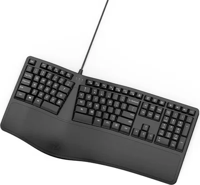 Produktbild von Ergonomische Tastatur, kabelgebundene Tastatur K110, gewoelbte Tastatur, gebogene Tasten, gepolsterte Handballenauflage, Tastatur in voller Groesse, Ausdruckstasten, Business, Buero, 110 Tasten, Schwarz