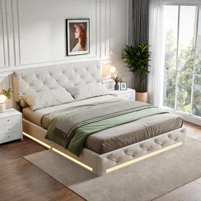 Zdjęcie produktu dla Łóżko tapicerowane Fortuna Lai 140x200 cm, hydrauliczne łóżko do przechowywania z LED, stelażem listwowym i podstawą łóżka, beżowe
