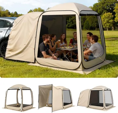 Produktbild von Heckklappenzelt für SUV - Pop-up-Campingzelt - Größe 183 x 183 cm - Für 4–6 Personen - Mit Tragetasche - Netz-Seitenwände - Beige