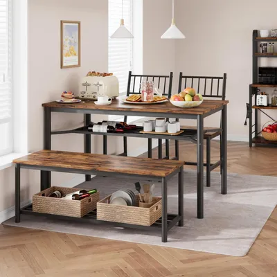 Image de Ensemble de table et chaises de style rétro, comprenant une table, deux chaises et un banc, de couleur marron, avec une structure en métal