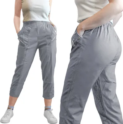 Produktbild von Damen Caprihose 7/8 Sommerhose leichte Freizeithose Stoffhose mit Gummizug Viskose Reißverschlusstaschen Übergröße, Grau, 50