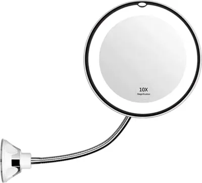 A close-up of a lighted makeup mirror with a flexible arm and suction cup base.