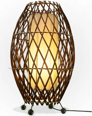Produktbild von Bali asiatische Lampe Deko-Leuchte aus Rattan & Stoff, Stimmungsleuchte Stehleuchte aus traditioneller Handarbeit Simandra 41x25 cm, weiß