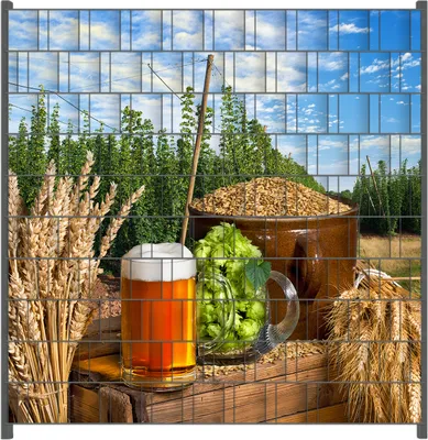 Produktbild von Wallario Zaunsichtschutz mit Motiv Frisch gezapftes Bier, Hopfen und Malz für Ein- und Doppelstabmatten Zäune in der Größe 200 x 200 cm