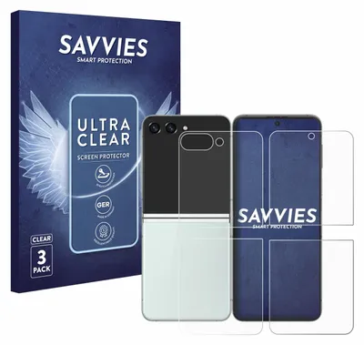 A product shot of screen protectors for a Samsung Galaxy Z Flip 5 phone, along with its packaging.