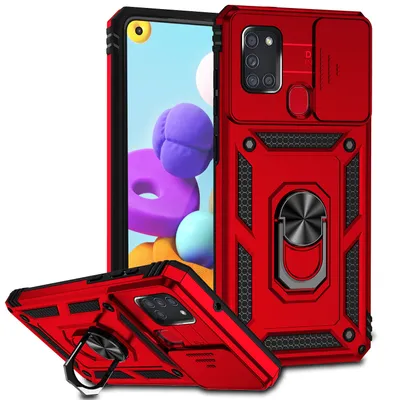 Immagine prodotto di Custodia per Samsung Galaxy A21S a doppio strato con copertura scorrevole della fotocamera e supporto ad anello rosso