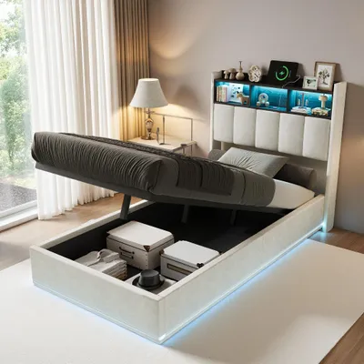 Obrázok produktu pre UnboxG Čalúnená posteľ 90x200cm s USB, detská posteľ Jednolôžková posteľ s roštom a úložným priestorom, posteľ s úložným priestorom a LED osvetlením, zamat, biela