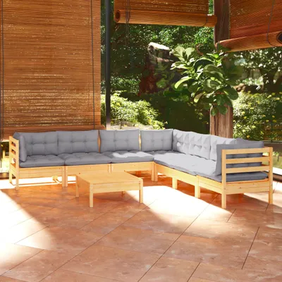 Produktbild von [Home] 8-tlg. Garten-Lounge-Set mit Grauen Kissen Kiefer Massivholz , Neue Mode 2024 im häuslichen Leben