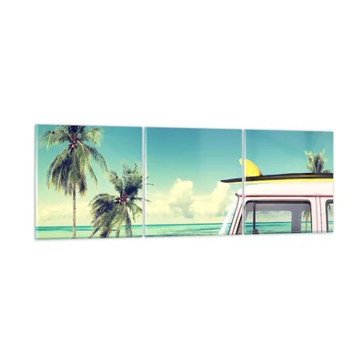 Produktbild von Bilder auf glas - Auto Surfbrett Strand Ozean - 90x30cm - Glasbilder - Wandbilder - Kunstdruck - zum Aufhängen bereit - Wanddekoration aus Glas - Glas Bilder - Wandbild auf Glas - GCA90x30-2835