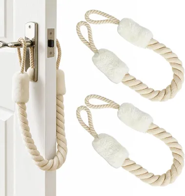 Imagen del producto de Topes para puertas con cuerda de algodón de 60 cm, paquete de 2 unidades, color blanco, ideales para niños y mascotas