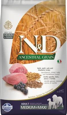 Productafbeelding van N&D Hondenvoer Adult Medium & Maxi, Ancestral Grain, Lam, Spelt, Haver en Blauwe Bes, 2,5 kg
