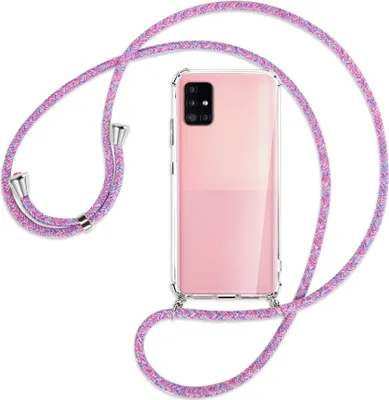 Produktbild von Handykette Backcover-Schutzhülle mit Band (Metall silberfarben) für Samsung Galaxy A51 5G (A516) - lila/rosa/blau