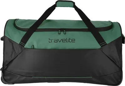A green and black travel bag with the brand name 'travelite' printed on it.