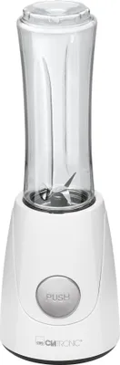 A white Clatronic smoothie maker with a clear blending cup is shown on a white background.