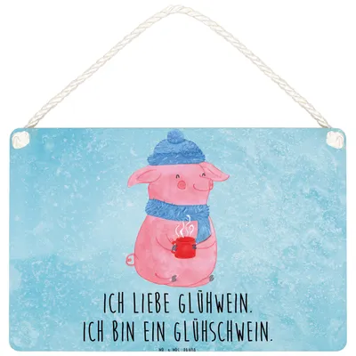 Produktbild von Mr. & Mrs. Panda holzbild Schwein Glühwein DIN A5 - Eisblau - Geschenk, Türschild, Punsch, Schild, wandtafel, Holzschild, Weihnachtsmarkt, Weihnachten, Glühschwein