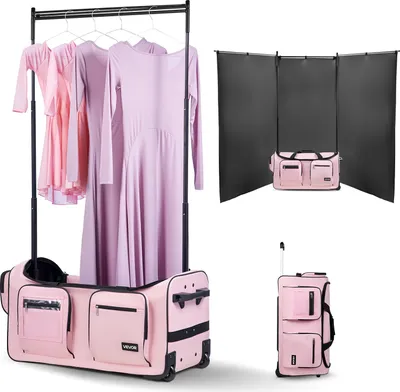 Immagine prodotto di Borsa da ballo VEVOR con appendiabiti, 736,6 mm, valigia con rotelle, porta USB, asta appendiabiti regolabile in altezza e tenda parasole, ideale per viaggi e competizioni, rosa
