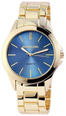 A close-up studio shot of a gold-colored analog watch with a blue dial.