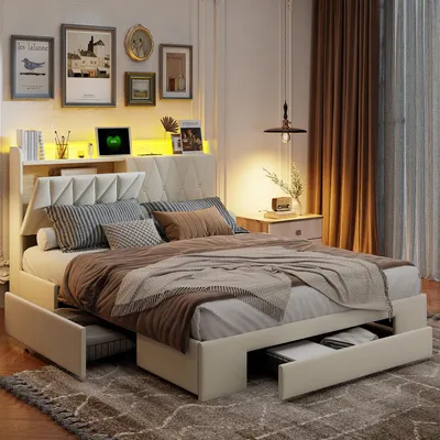 Immagine prodotto di UnboxG Letto matrimoniale in velluto beige 140x190 cm con 3 cassetti, illuminazione LED RGB e funzione di ricarica USB - letto imbottito con contenitore e testiera moderna