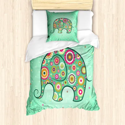Produktbild von ABAKUHAUS Blumen Mantele, Elefant mit Blumen, Milbensicher Allergiker geeignet mit Kissenbezügen, 135 cm x 200 cm - 80 x 80 cm, Teal Baby Blue Red