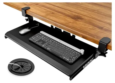 Produktbild von Untertisch-Tastaturablage, ausziehbar, mit stabiler C-Klemmhalterung, 27,3 (82,5 cm inkl. Klemmen) x 27,9 cm, schwarze Computerschublade