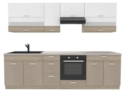 Produktbild von Küchenzeile 270 cm - Sonoma Beige Weiß - Mit Arbeitsplatte Travertin - Metallbox Schubladen - Soft-Close - MDF - PREMIO A PLUS