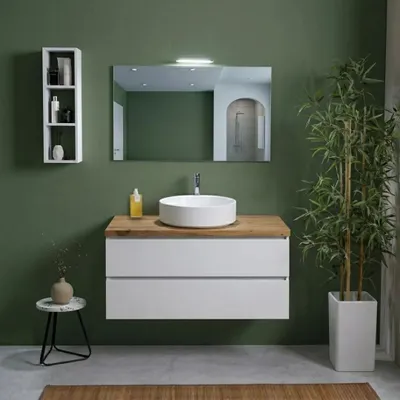 Immagine prodotto di Mobile bagno sospeso 100cm bianco export con top rovere naturale, specchio e lampada | Berlin