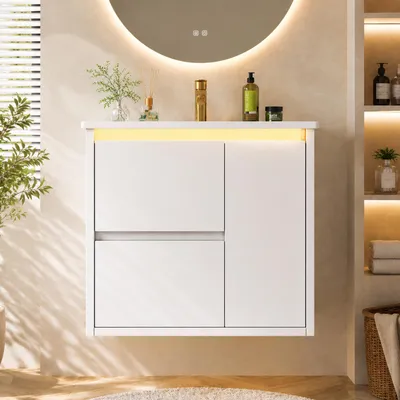 Zdjęcie produktu dla Szafka pod umywalkę do łazienki, biała, 61x46,5x57 cm, wykonana z MDF i ceramiki. Umywalka montowana na ścianie, z 2 szufladami i oświetleniem LED