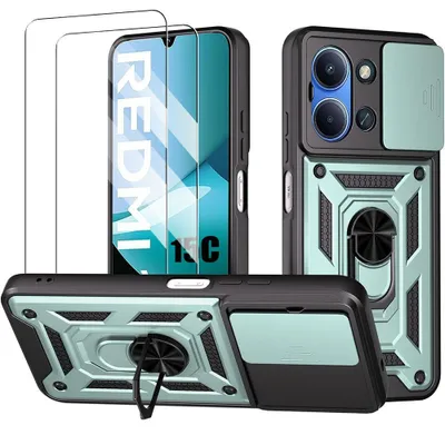 Image de Coque + 2 Verres Trempés pour Xiaomi Redmi 15C 4G/5G, Protection Robuste avec Cache Caméra Anti-Rayures - Vert