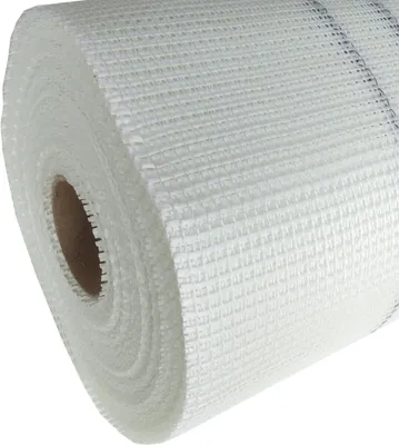 A roll of white fiberglass mesh fabric, commonly used for plastering and reinforcing walls.