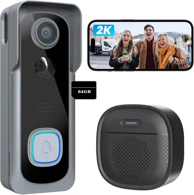 Produktbild von 2K Video-Türklingel mit Kamera Kabellos, IP66 Wasserdicht, Intelligente AI Bewegungserkennung, Nachtsicht, Keine Abokosten 64GB