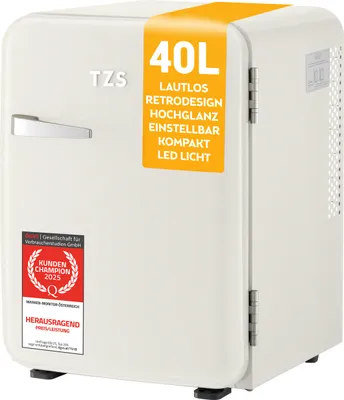Produktbild von TZS First Austria - Retro Mini Kühlschrank 40L lautlos - Kleiner Minikühlschrank im Vintage-Design mit Innenbeleuchtung & 2 Türfächern - Minibar für Camping, Büro, Schlafzimmer & Hotel - Cremefarben
