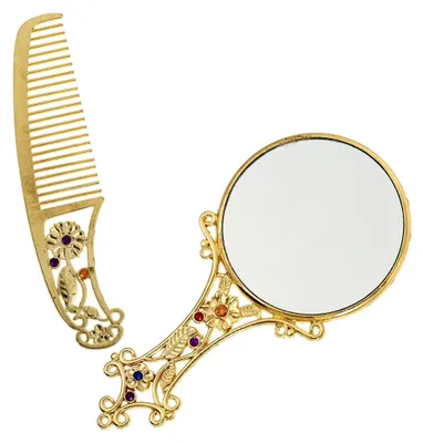 Produktbild von Handspiegel Set Antik Kamm Set Vintage Schminkspiegel Tragbarer Kosmetikspiegel für Frauen und Mädchen Goldene Handspiegel