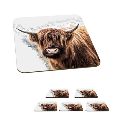 Produktbild von KitchenYeah® Glasuntersetzer Quadratisch 6er Set Schottisches Hochlandrind - Schottische Kuh 10x10 cm Untersetzer für Gläser - Getränkeuntersetzer - Tischplattenschutz - Tischuntersetzer für Tassen T