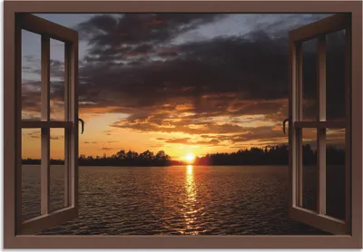 Produktbild von ARTland Wandbild Alu für Innen & Outdoor Sonnenuntergang am See, braunes Fenster Größe: 70x50 cm