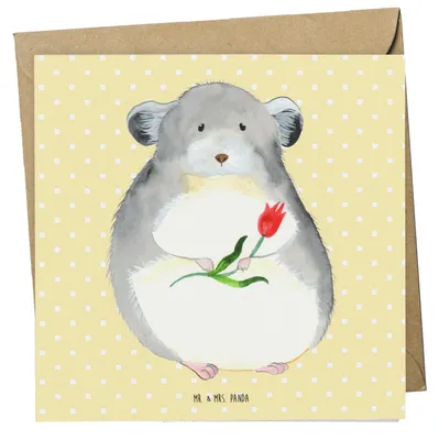 Produktbild von Mr. & Mrs. Panda Glückwunschkarte Chinchilla Blume - Gelb Pastell - Geschenk, doppelkarte, Glücklichsein, faltkarte, Klappkarte, Grußkarte, anlasskarte, Chinchillas, Büro